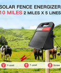 Rechargeable Fence Charger With 0.11J 10 Miles 8100V Max Output, solar panel in black on post with cows in background