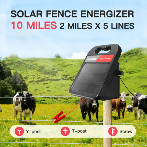 Rechargeable Fence Charger With 0.11J 10 Miles 8100V Max Output, solar panel in black on post with cows in background