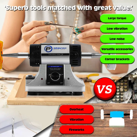 Jewelry Polisher And Buffing Machine With Adjustable Variable Speed Bench Grinder, Lightweight, tabletop with accessories visible.
