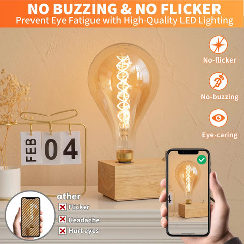 Dimmable LED Oversized Edison Bulbs With Amber Glass Finish, Warm White 2000K, E26 Base, in a wooden lamp holder