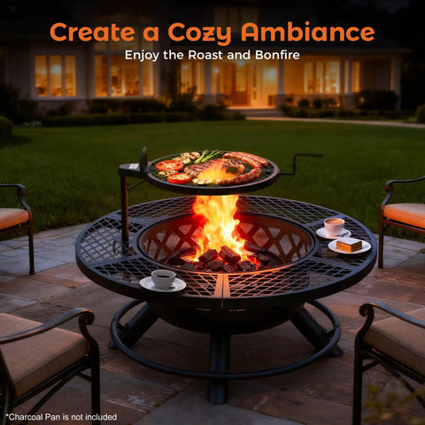 40 Inch Outdoor Fire Pit With Poker And Grill For Patio And Backyard, Big Wood Burning Fire Pit for Bonfires with grill and fire