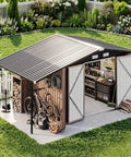 8x12 Ft Outdoor Metal Shed Built Tough For Everyday Yard Gear With Open Firewood Bay And Lockable Doors, garden setting