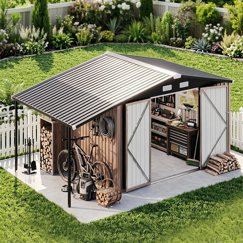 8x12 Ft Outdoor Metal Shed Built Tough For Everyday Yard Gear With Open Firewood Bay And Lockable Doors, garden setting
