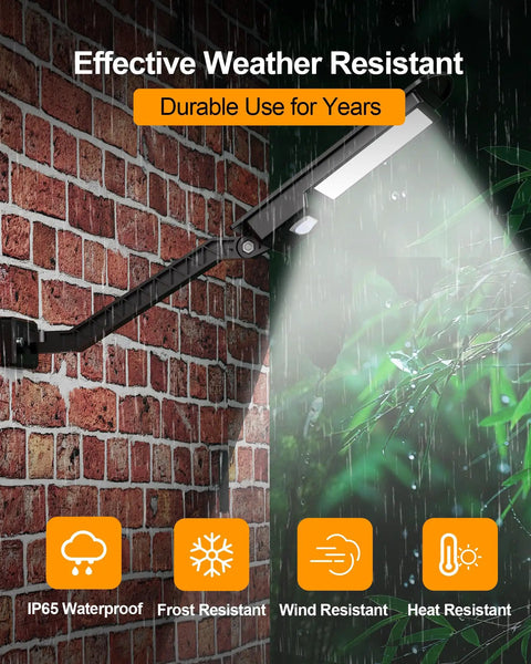 Beefy Solar Security Flood Lights Outdoor 1000LM 168 LED Motion Sensor Waterproof Floodlight mounted on brick wall in rain