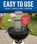 Compact Charcoal Chimney Starter on barbecue grill with stay-cool handle, heat shield, and zinc steel build, outdoor setting