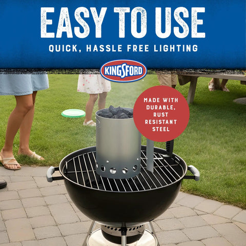 Compact Charcoal Chimney Starter on barbecue grill with stay-cool handle, heat shield, and zinc steel build, outdoor setting
