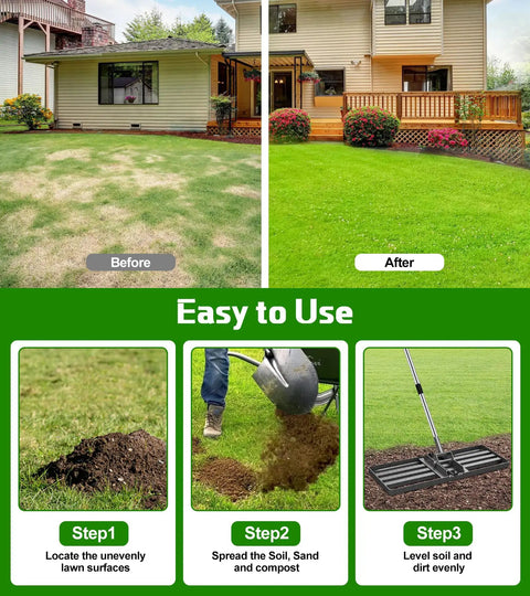 Heavy Duty Lawn Leveling Rake With 30x10 Plate And 6 Ft 2 In Adjustable Stainless Steel Handle Effortlessly Levels Dirt Surfaces