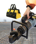 Rugged Electric Rebar Bender With 1800W Copper Motor Hydraulic Steel Bar Cutter handheld tool held in hand with durable tool bag.
