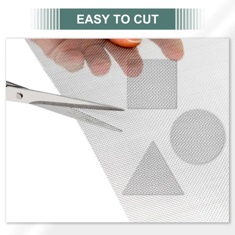 Person cutting Workhorse Stainless Steel Wire Mesh Screen 15.7 By 59 Inch 1mm Hole 20 Mesh with scissors