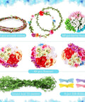 DIY Flower Crown Making Kit With 168 Pieces showing rattan, berry bunches, flowers, green leaf strands, and colored silk ribbons.