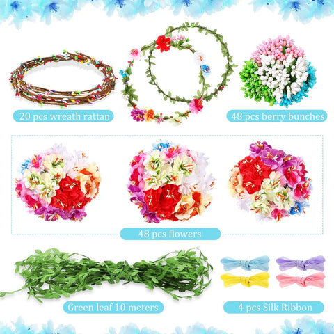 DIY Flower Crown Making Kit With 168 Pieces showing rattan, berry bunches, flowers, green leaf strands, and colored silk ribbons.