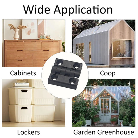 Top Shelf Black Plastic Hinges Featuring Premium Hardware Included Making Electrical Cabinet Mounting A Snap While Offering Lock Tight Security And Snappy Action For Tool Boxes And Storage Cabinets displayed in a wide application collage.