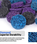 Close-up of 53 Piece Quick Change Strip Disc Set For Drill And Die Grinder Two Inch Diamond Stripping Discs With One Quarter Inch Shank Includes Fifty Diamond Discs In Purple Blue And Black For Fast Paint And Rust Removal Ideal For DIYers And Pros showing variety of colors and textures.