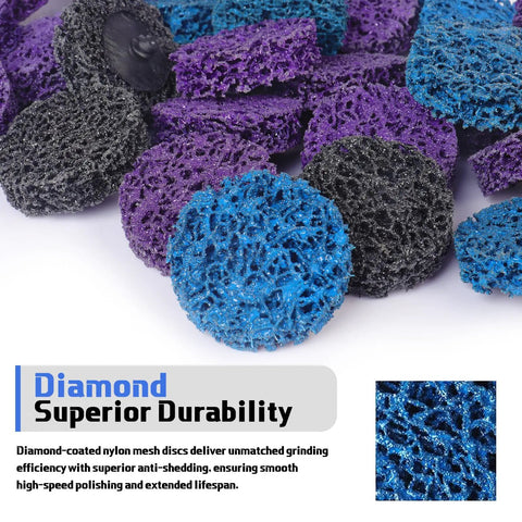 Close-up of 53 Piece Quick Change Strip Disc Set For Drill And Die Grinder Two Inch Diamond Stripping Discs With One Quarter Inch Shank Includes Fifty Diamond Discs In Purple Blue And Black For Fast Paint And Rust Removal Ideal For DIYers And Pros showing variety of colors and textures.