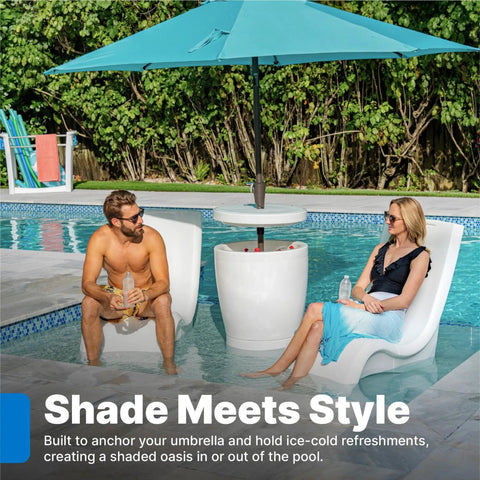In Pool Shade Table With Built In Cooler And 9 Gallon Basin Lift Lid Umbrella Hole For 15 Inch Water Ledge White Finish with loungers