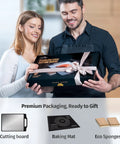 Matiks stainless steel cutting board set in black gift box with cream ribbon, front view.
