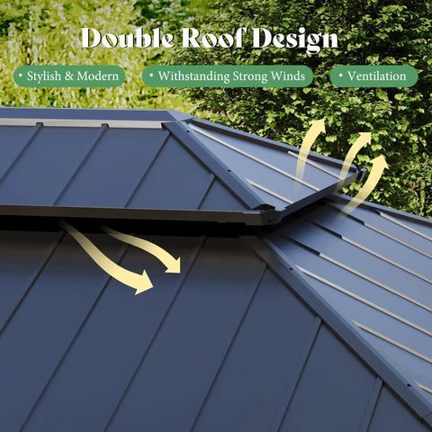 Close-up of double metal roof design of 12x14 Heavy Duty Hardtop Gazebo With Double Metal Roof Wood Outdoor Pavilion With Privacy Curtains And Mosquito Netting Perfect For Backyard Garden Or Patio Weatherproof All Season Shelter Brown.