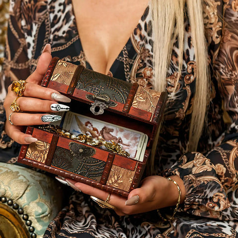 Top Shelf Antique Brass Jewelry Box Hardware Set Featuring Ornate Latches Rock Solid Hinges Rustic Carry Handle Premium Mounting Screws For Quality DIY Woodworking Cabinet Restoration Projects displayed on jewelry box.