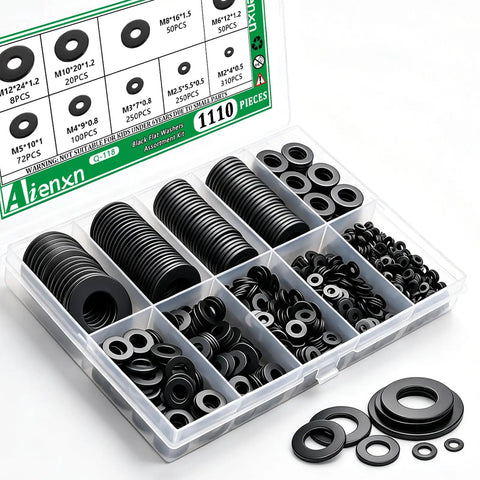 1110 Piece Black Flat Washers Set With Nine Metric Sizes M2 Through M12 For Screws And Bolts, Heavy Duty Carbon Steel, Black Zinc Plated, Pro Grade Durability, Corrosion Resistant, All Purpose Hardware Kit For Quick Fixes And Projects in a compartment box