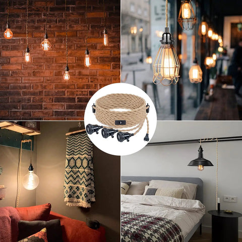 Plug In Hanging Pendant Light Kit With 20 Ft Cord 3 Bulbs E26 Socket Switch Industrial DIY Twisted Hemp Rope Overhead Lamp