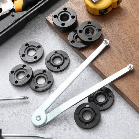 Crush Any Grinding Task With This Badass Angle Grinder Wrench Kit Including 25 Universal Flange Nuts And Tough Adjustable Spanners For Zero Hassle Workshop Wins Daily, showing black flange nuts and wrench.