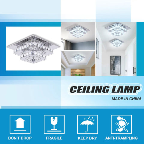 Crystal Square Ceiling Light Chandelier With Modern LED Flush Mount Two Layer Design installed in dining room setting.