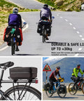 Cyclists on touring bikes using a rear bike rack for touring and everyday rides universal seat post mount cargo carrier pannier ready bicycle luggage rack holds up to 66 pounds durable steel hauls more gear on long rides