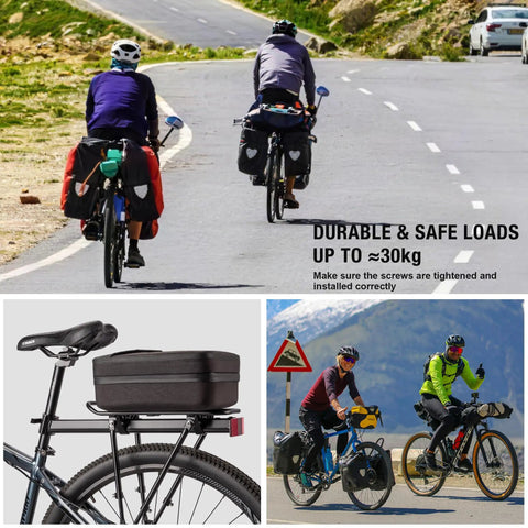 Cyclists on touring bikes using a rear bike rack for touring and everyday rides universal seat post mount cargo carrier pannier ready bicycle luggage rack holds up to 66 pounds durable steel hauls more gear on long rides