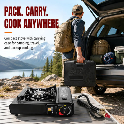 Man carrying Dual Fuel Camping Stove Run On Butane Or Propane, Portable Outdoor Cooking Gear with Case near car in mountain setting.