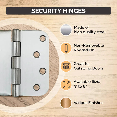 Stainless Steel Ball Bearing Door Hinges Four Inch With Five Eighth Inch Radius Non Removable Riveted Pin Security Hinges Built Tough