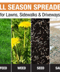 Grounds Keeper All Season Walk Behind Spreader for seed fertilizer and winter salt with 100 lb hopper capacity, grass and dandelions