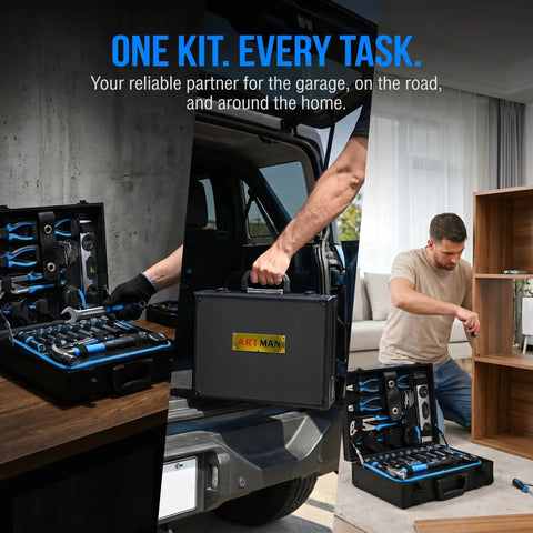 All In One 247 Piece Home Tool Set With Toolbox For DIY Projects And Home Repairs displayed in various uses and settings