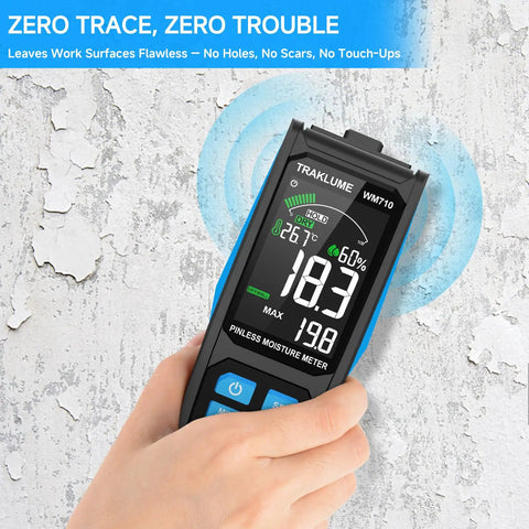 Pinless Wood Moisture Tester for Firewood and Home Projects, Fast Moisture Meter With Easy Readout, Detects Wood Wetness and Leaks, Handy Home Improvement Tool held on cracked wall, pinless moisture meter for drywall use