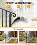 Close-up of Straight Up Tough Wrought Iron Stair Handrail With Secure Balusters For Outdoor Deck And Concrete Steps Rust Proof Powder Coated Black.