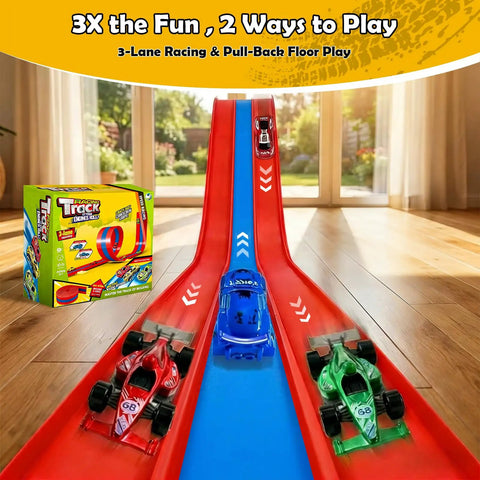 16ft Flexible Race Track For Kids 3 Plus With 3 Lane Roll Up Design Includes 4 Pull Back Cars Portable Bath And Floor Play Track Easy Setup For Bathtub Tiles Or Carpet Blue And Red Perfect Birthday Gift For Boys And Girls showing red and green cars on track