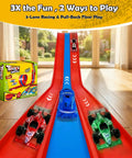Hot Wheels Compatible 16 Ft Flex Track with red and blue lanes, 1/64 cars racing, box on wooden floor.