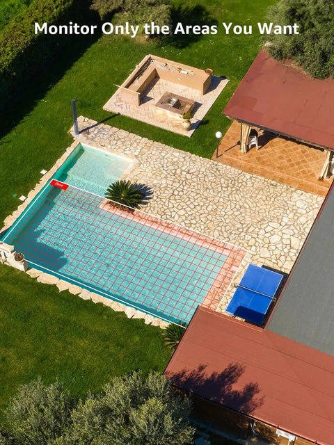 Aerial view of backyard with pool, using 4K PoE Security Camera With AI Human And Vehicle Detection, 96 Degree Wide Field Of View, 8MP.