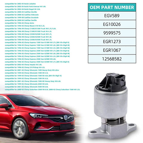 EGR Valve EGV589 EGR1273 Drop In Replacement For Chevy GMC Buick Cadillac Isuzu Pontiac Olds Bravada next to car and part numbers