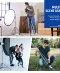 Collage of 7.2Ft Stainless Steel Light Stand with spring cushion in studio and outdoor settings for photography use.