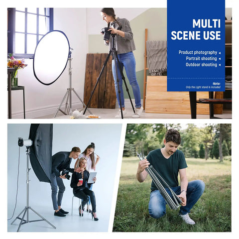 Collage of 7.2Ft Stainless Steel Light Stand with spring cushion in studio and outdoor settings for photography use.