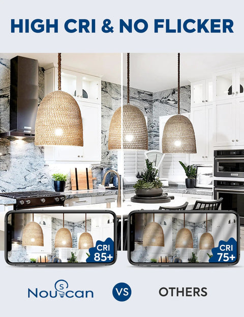 Comparison of pendant lights in a modern kitchen showing high CRI and no flicker with Noucan CRI 85+ vs others CRI 75+