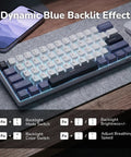 Compact 60 Percent Mechanical Gaming Keyboard Wireless Three Mode Setup with dynamic blue backlighting on a desk surface.