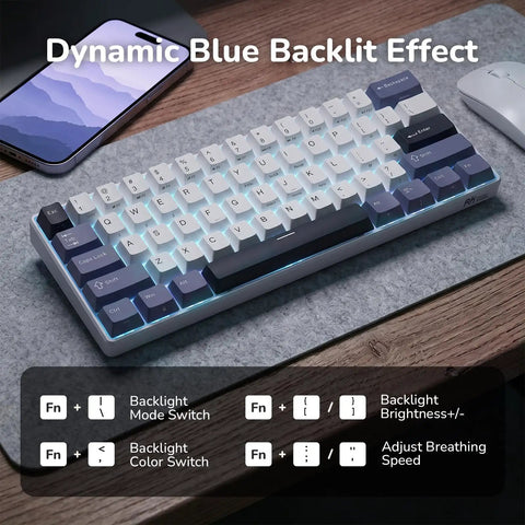 Compact 60 Percent Mechanical Gaming Keyboard Wireless Three Mode Setup with dynamic blue backlighting on a desk surface.