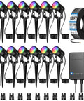 All In One Low Voltage Landscape Lighting Kit With 12 RGBW 3W LEDs, 60W Transformer, 100 Ft Wire, 2 Remotes, 12 Stakes, Dusk To Dawn Outdoor Uplights For Yard, Garden, Trees, House, 12 Pack includes visible components