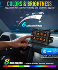 Driver adjusting RGB 8 Gang Dual Control Switch Panel With RF Remote 230Ft Range Backlit Off Toggle Momentary Strobe Pulsed Dimmer Pod Silicone Cover For Off Road Rigs in car interior