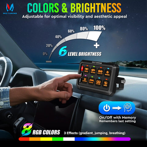 Driver adjusting RGB 8 Gang Dual Control Switch Panel With RF Remote 230Ft Range Backlit Off Toggle Momentary Strobe Pulsed Dimmer Pod Silicone Cover For Off Road Rigs in car interior