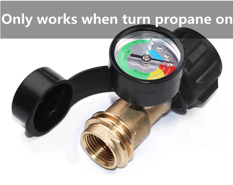Propane Tank Gauge Level Indicator And Leak Detector For BBQ Gas Grill Type 1 Heavy Duty Brass Construction With Weatherproof Durability Works With 5 Lb To 40 Lb Tanks Monitors Fuel Level Without Removing Tank Temperature Compensated Display brass gauge with cap