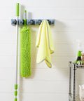 Heavy Duty Wall Mount Broom And Mop Holder With Six Hooks And Five Slots for garage garden laundry and kitchen organization gray