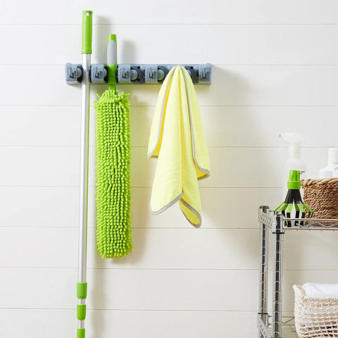 Heavy Duty Wall Mount Broom And Mop Holder With Six Hooks And Five Slots for garage garden laundry and kitchen organization gray