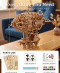3D Wooden Steampunk Airship Puzzle Kit For Adults, Epic 160 Precision Cut Pieces on display with paint and assembly items
